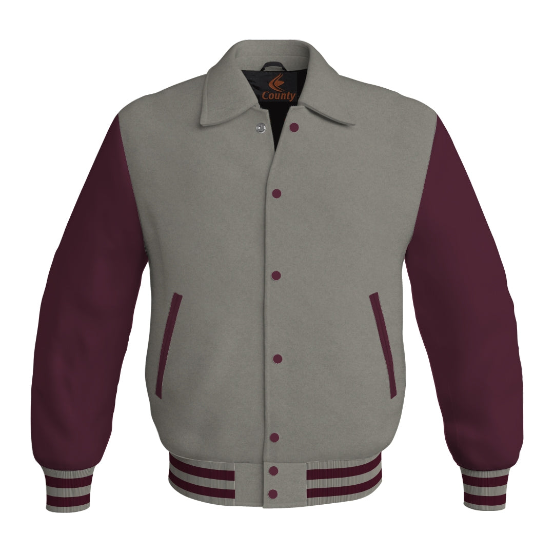 Letterman Varsity Classic Jacket Gray Body and Maroon Leather Sleeves