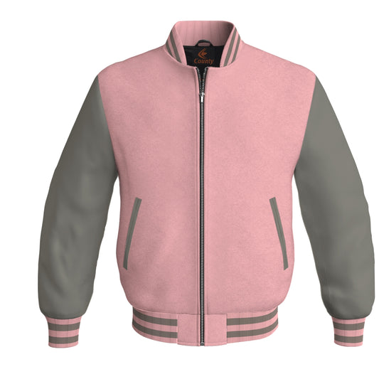 Bomber Jacket Women Pink Body and Gray Leather Sleeves Bomber Jacket