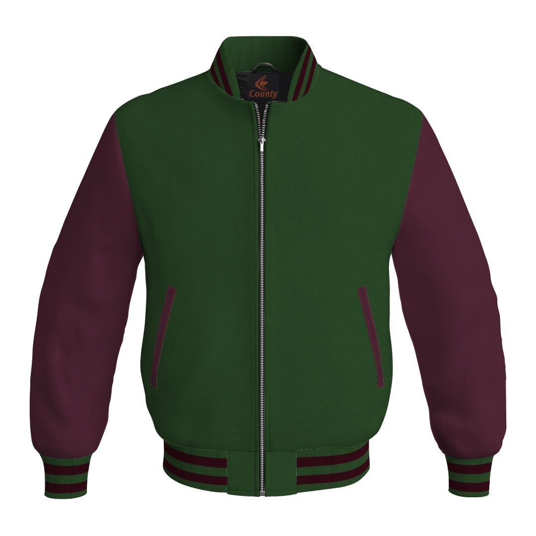 Varsity Jacket Mens Forest Green Body and Maroon Leather Sleeves Bomber Jacket