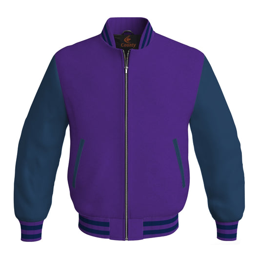 Varsity Jacket Purple Body and Navy Blue Leather Sleeves Bomber Jacket