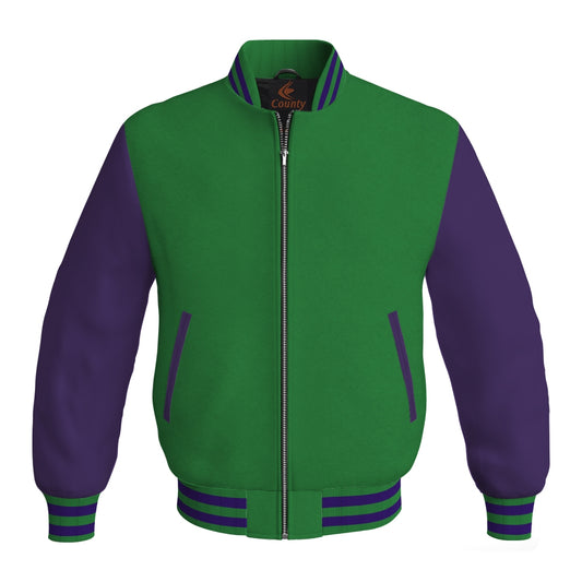 Team Varsity Jackets Green Body and Purple Leather Sleeves Bomber Jacket