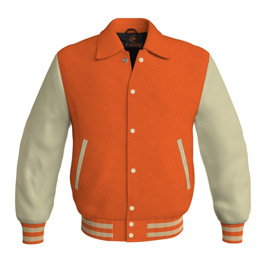 Letterman Varsity Classic Jacket Orange Body and Cream Leather Sleeves