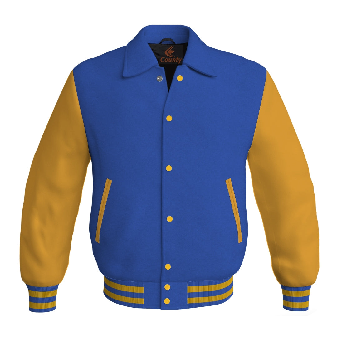 Letterman Varsity Classic Jacket Blue Body and Gold Leather Sleeves