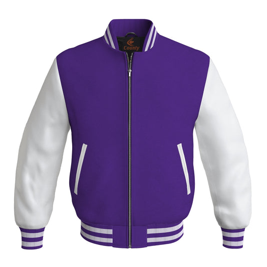 Team Varsity Jackets Purple Body and White Leather Sleeves Bomber Jacket