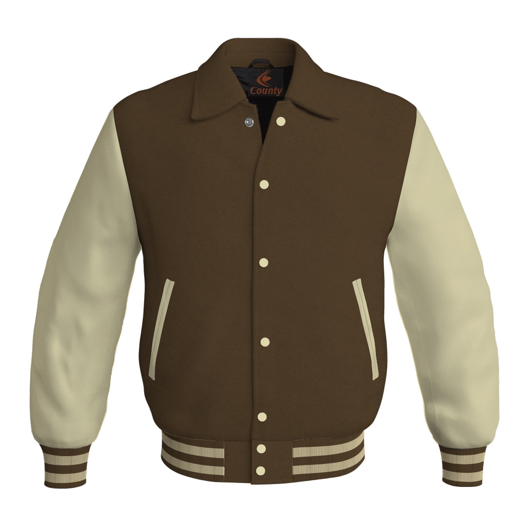 Letterman Varsity Classic Jacket Brown Body and Cream Leather Sleeves