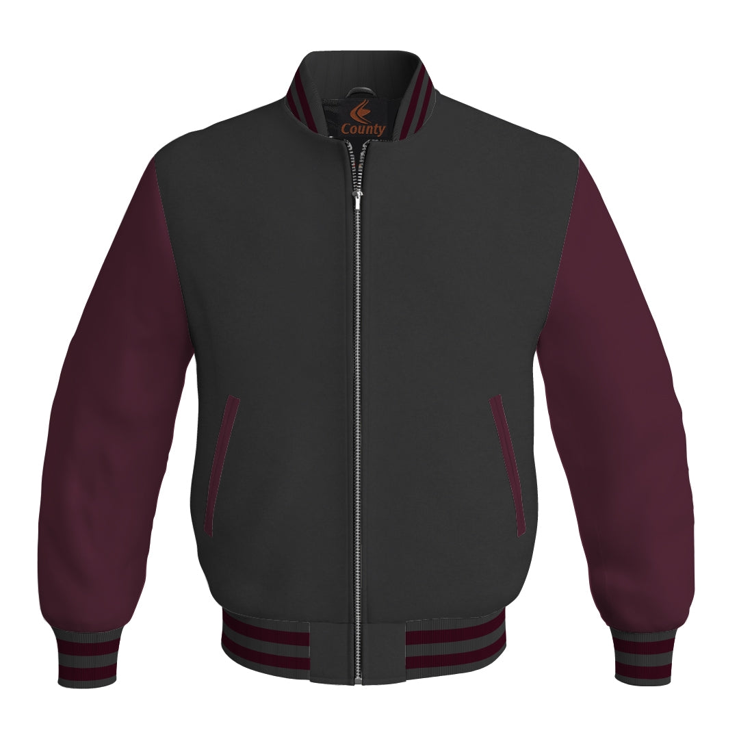 Team Varsity Jackets Black Body and Maroon Leather Sleeves Bomber Jacket