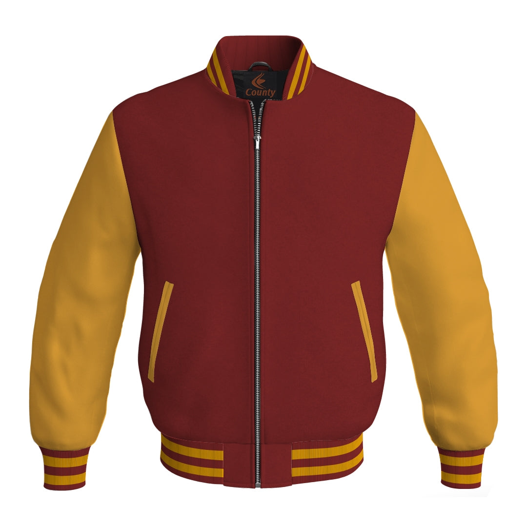 Bomber Jacket Women Maroon Body and Gold Leather Sleeves Bomber Jacket