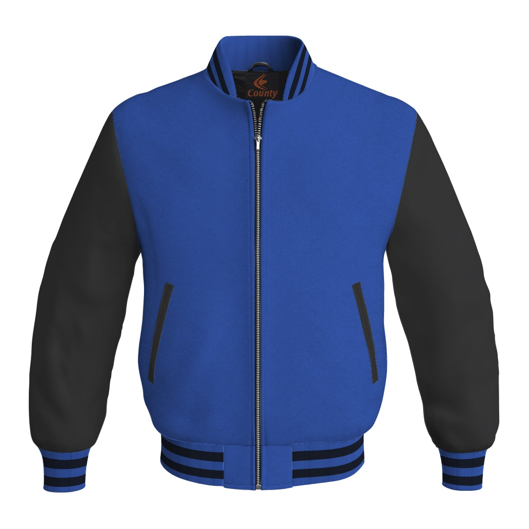 Ladies Varsity Jacket Blue Body and Black Leather Sleeves Bomber Jacket