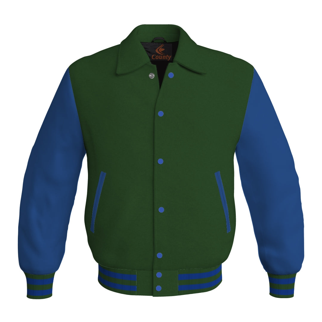 Letterman Varsity Classic Jacket Forest Green Body and Blue Leather Sleeves