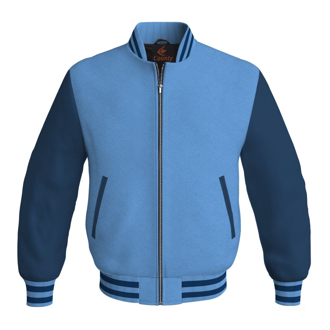 Varsity Jacket Sky Blue Body and Navy Blue Leather Sleeves Bomber Jacket