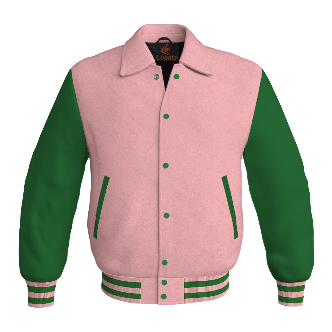 Letterman Varsity Classic Jacket Pink Body and Green Leather Sleeves