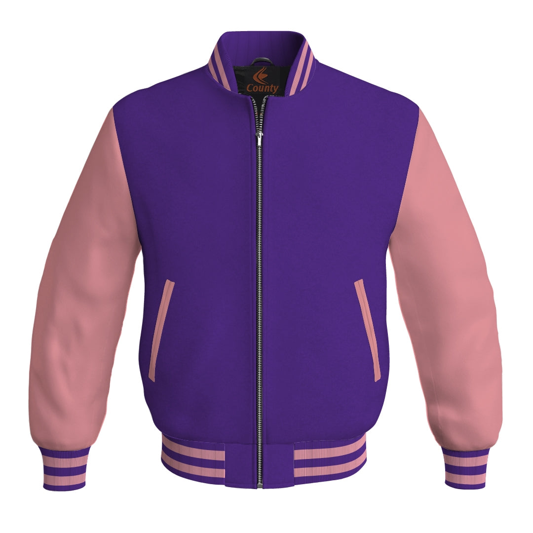 Ladies Varsity Jacket Purple Body and Pink Leather Sleeves Bomber Jacket