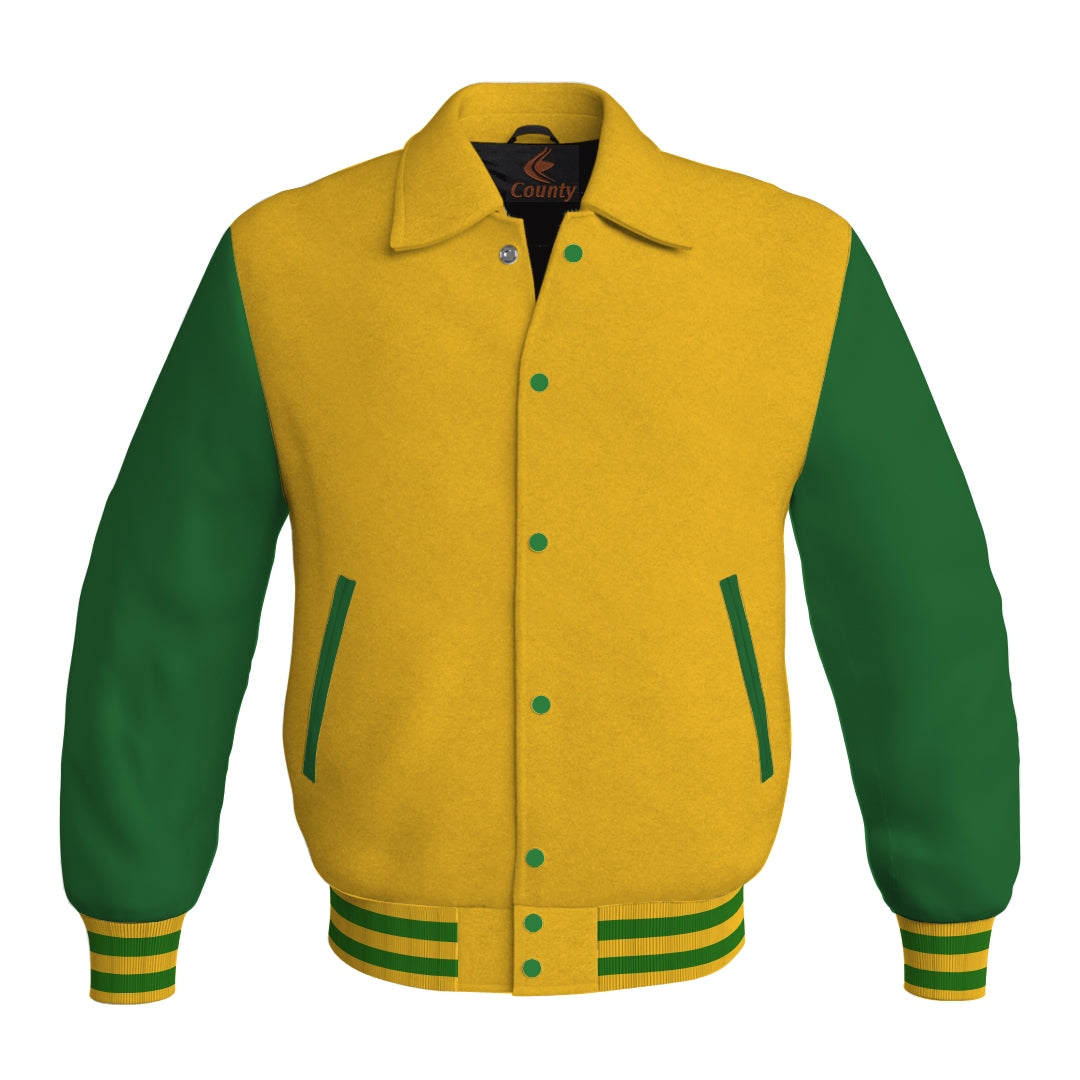 Letterman Varsity Classic Jacket Yellow/Gold Body and Green Leather Sleeves