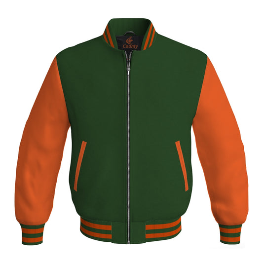 Mens Bomber Jacket Forest Green Body and Orange Leather Sleeves Bomber Jacket