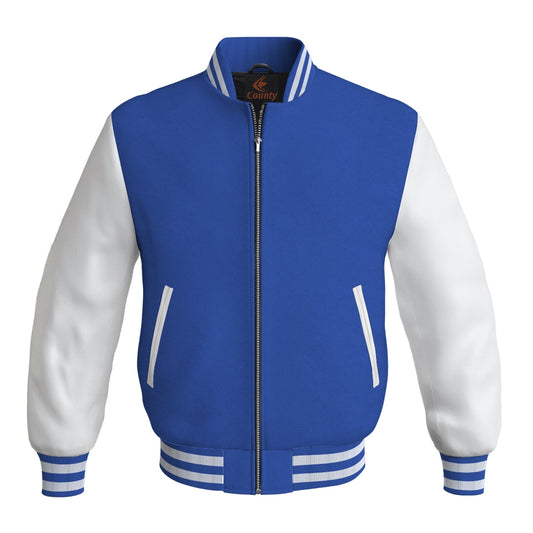 Team Varsity Jackets Blue Body and White Leather Sleeves Bomber Jacket