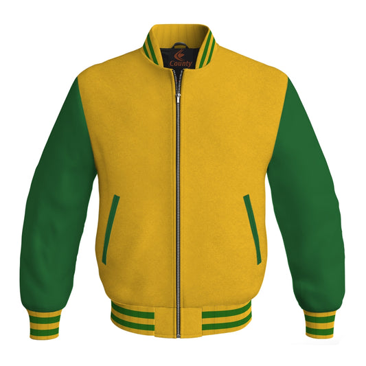 Personalized Varsity Jacket Yellow/Gold Body and Green Leather Sleeves Bomber Jacket