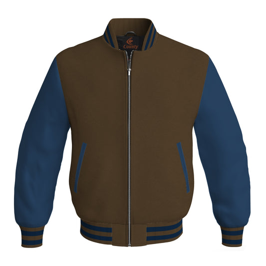 Team Varsity Jackets Brown Body and Navy Blue Leather Sleeves Bomber Jacket