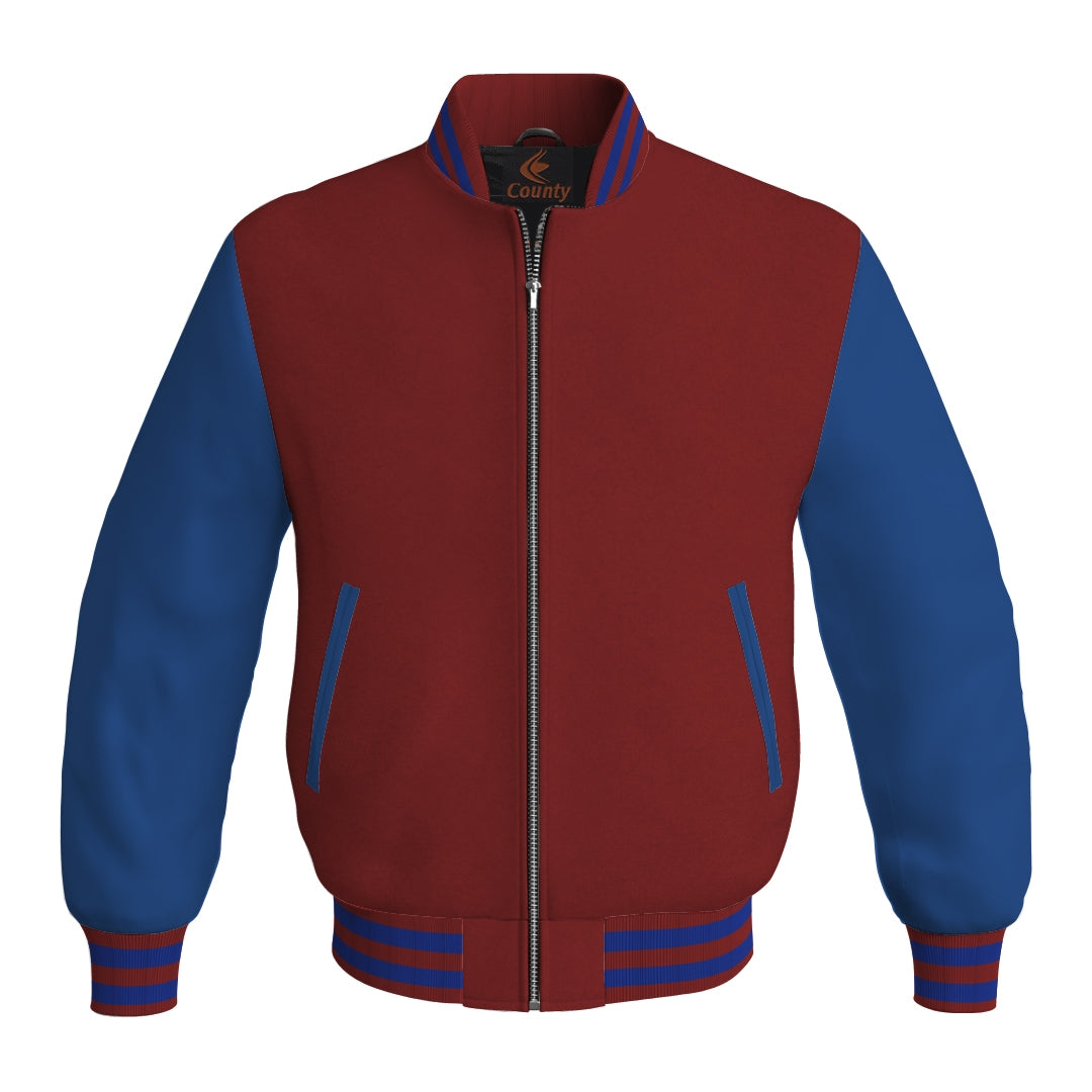 Bomber Jacket Women Maroon Body and Blue Leather Sleeves Bomber Jacket