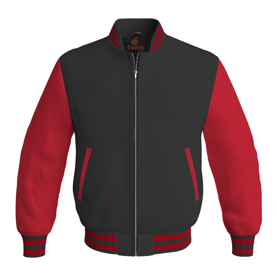 Varsity Jacket Women Black Body and Red Leather Sleeves Bomber Jacket