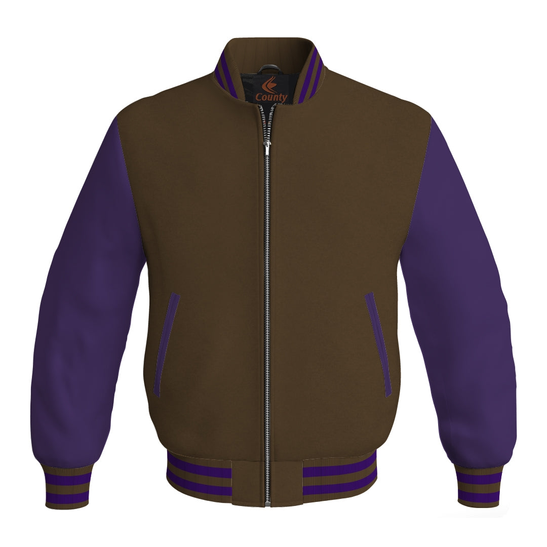 Team Varsity Jackets Brown Body and Purple Leather Sleeves Bomber Jacket