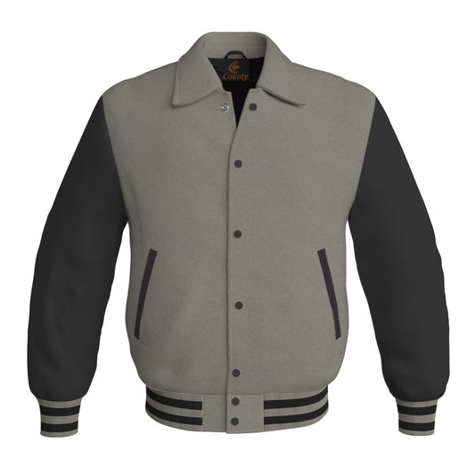 Letterman Varsity Classic Jacket Gray Body and Black Leather Sleeves