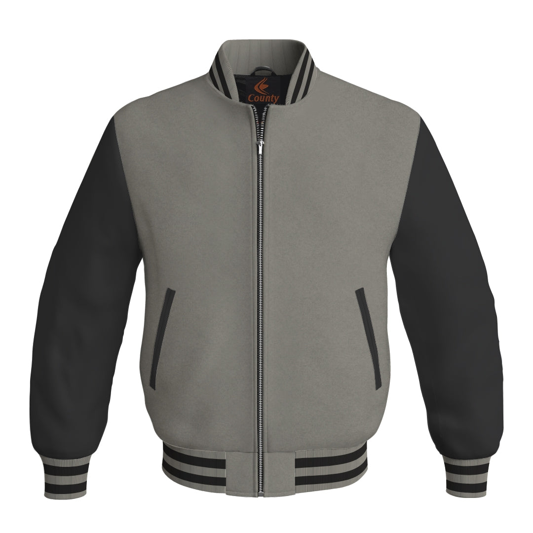 Ladies Varsity Jacket Gray Body and Black Leather Sleeves Bomber Jacket