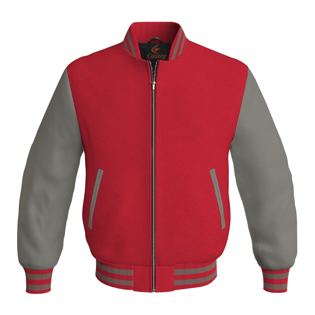 Mens Bomber Jacket Red Body and Gray Leather Sleeves Bomber Jacket