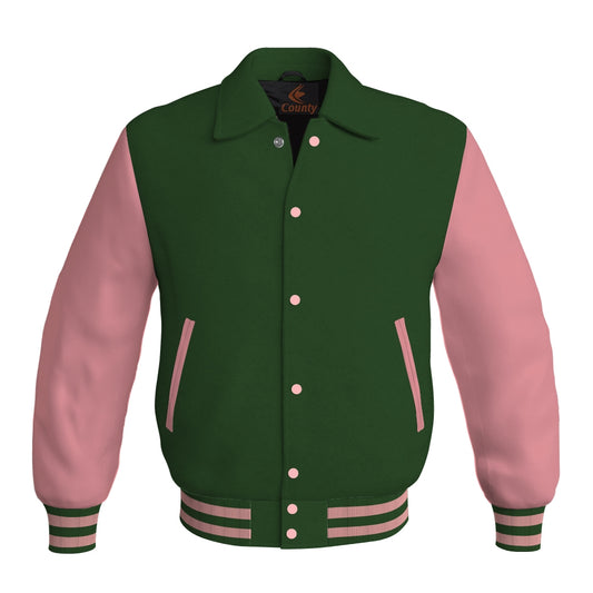 Letterman Varsity Classic Jacket Forest Green Body and Pink Leather Sleeves