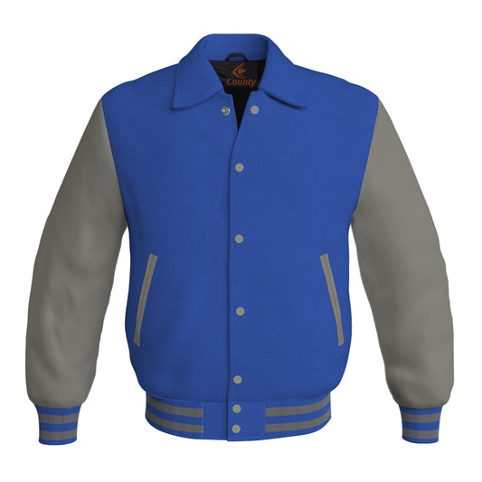 Letterman Varsity Classic Jacket Royal Blue Body and Gray Leather Sleeves