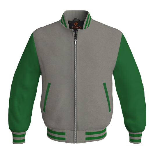 Personalized Varsity Jacket Gray Body and Green Leather Sleeves Bomber Jacket