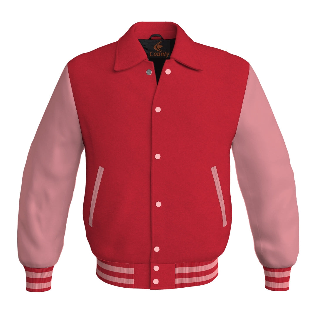 Letterman Varsity Classic Jacket Red Body and Pink Leather Sleeves