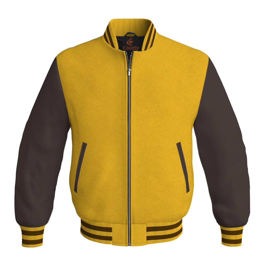 Varsity Jacket Mens Yellow/Gold Body and Brown Leather Sleeves Bomber Jacket