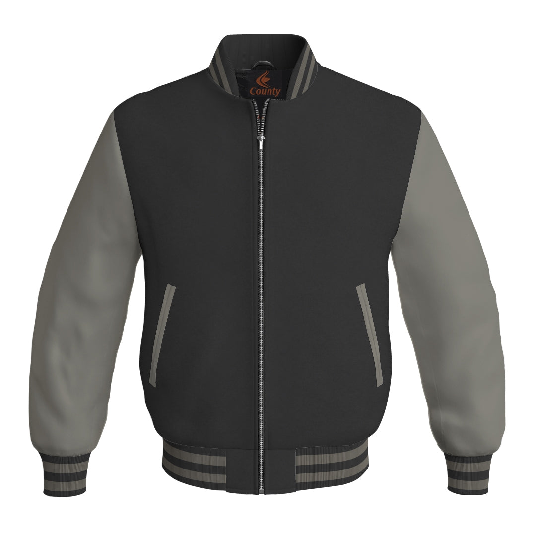 Mens Bomber Jacket Black Body and Gray Leather Sleeves Bomber Jacket