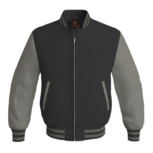 Mens Bomber Jacket Black Body and Gray Leather Sleeves Bomber Jacket