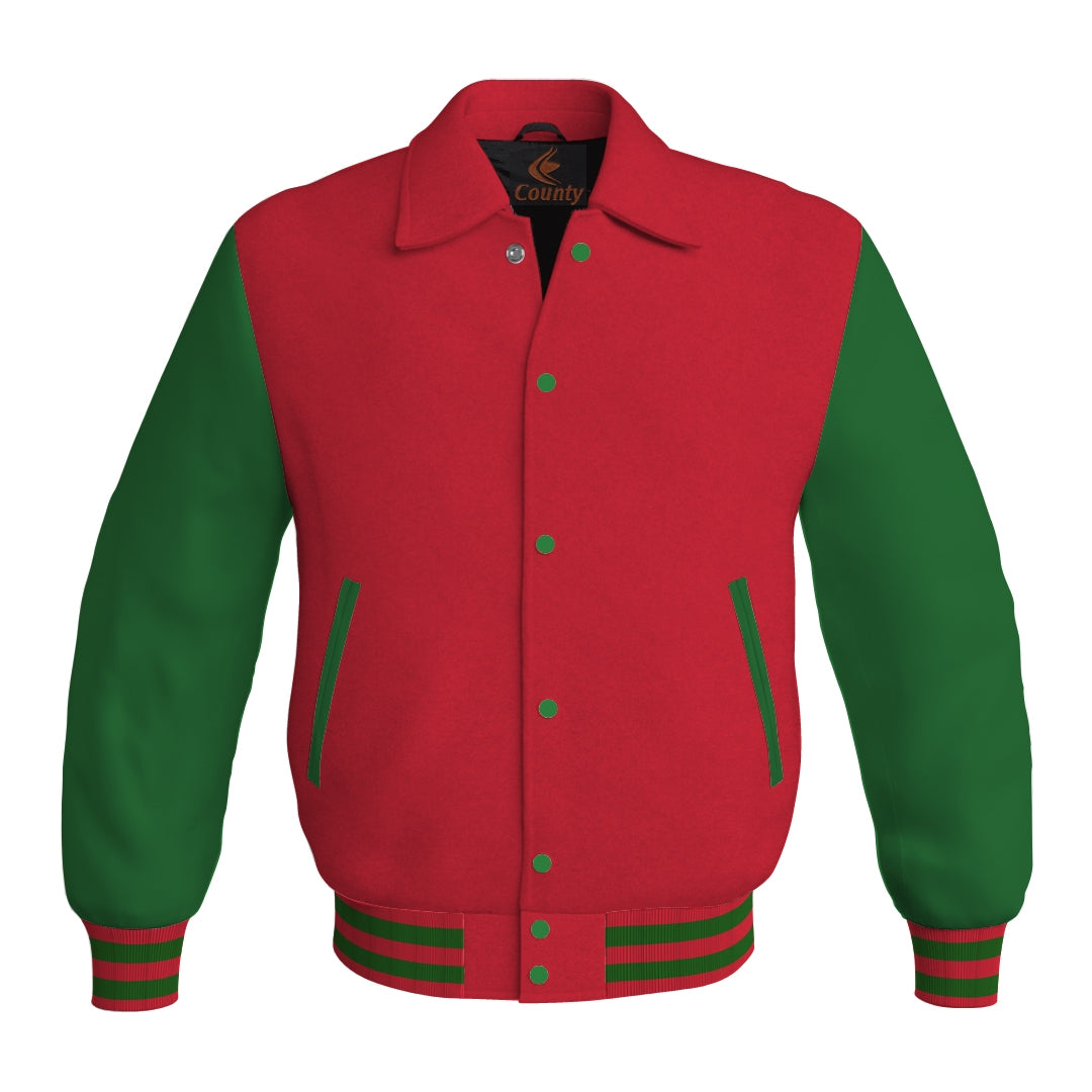 Letterman Varsity Classic Jacket Red Body and Green Leather Sleeves