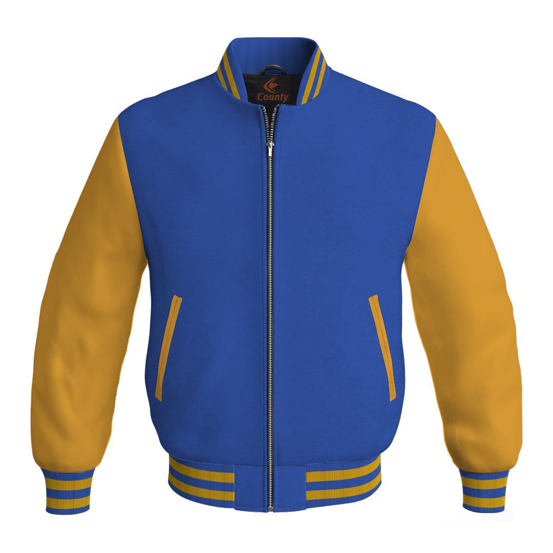 Letterman Jacket Blue Body and Gold Leather Sleeves Bomber Jacket