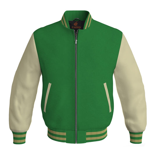 Varsity Jacket Women Green Body and Cream Leather Sleeves Bomber Jacket