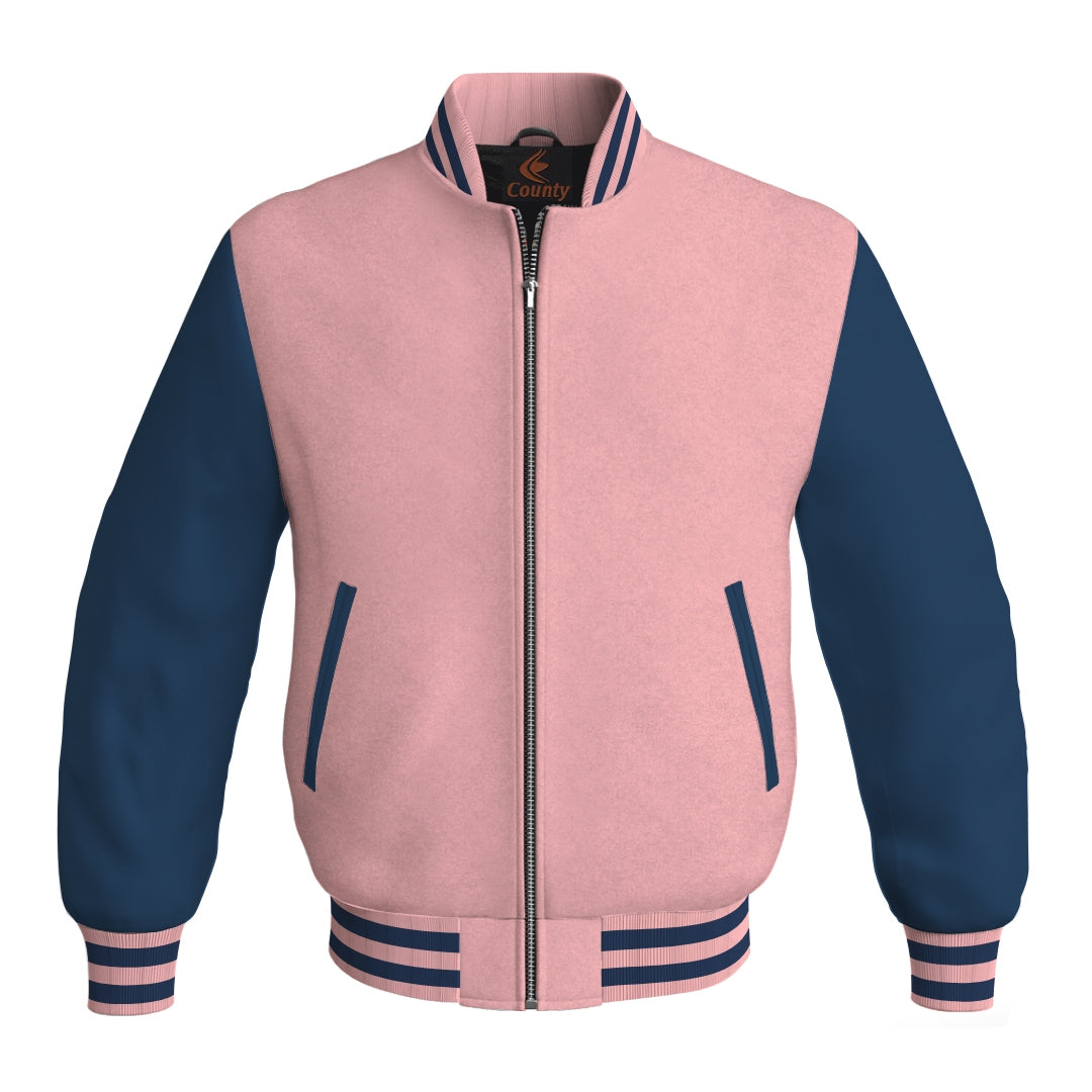 Varsity Jacket Mens Pink Body and Navy Blue Leather Sleeves Bomber Jacket