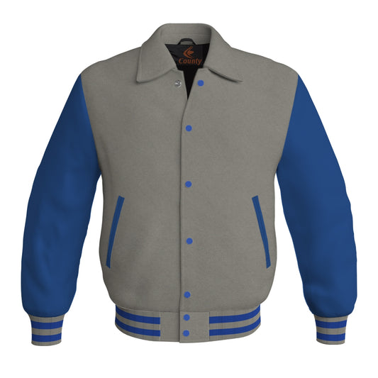 Letterman Varsity Classic Jacket Gray Body and Blue Leather Sleeves