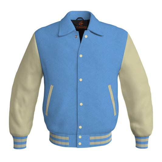 Letterman Varsity Classic Jacket Sky Blue Body and Cream Leather Sleeves