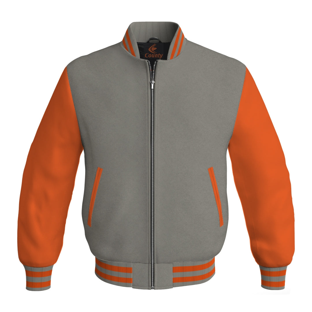 Mens Bomber Jacket Gray Body and Orange Leather Sleeves Bomber Jacket