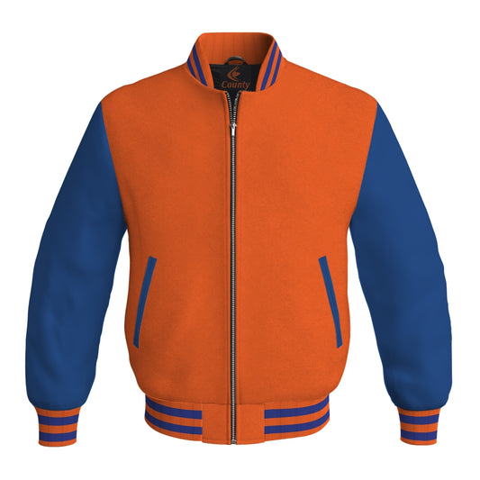 Bomber Jacket Women Orange Body and Blue Leather Sleeves Bomber Jacket