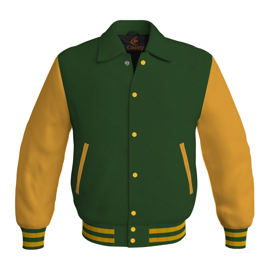 Letterman Varsity Classic Jacket Forest Green Body and Gold Leather Sleeves