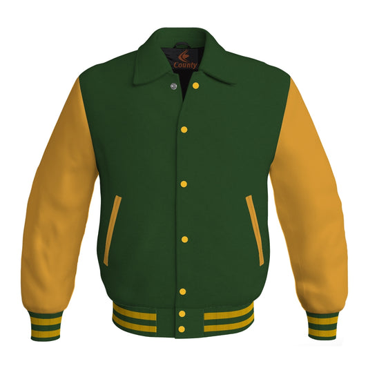 Letterman Varsity Classic Jacket Forest Green Body and Gold Leather Sleeves