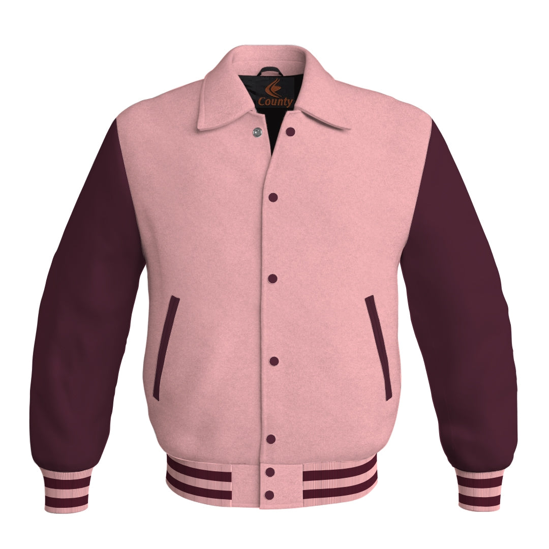 Letterman Varsity Classic Jacket Pink Body and Maroon Leather Sleeves