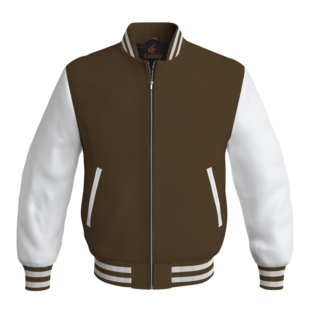 Team Varsity Jackets Brown Body and White Leather Sleeves Bomber Jacket