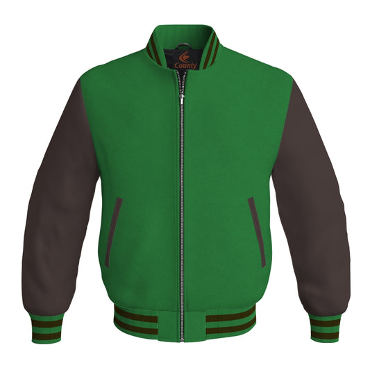 Team Varsity Jackets Green Body and Brown Leather Sleeves Bomber Jacket