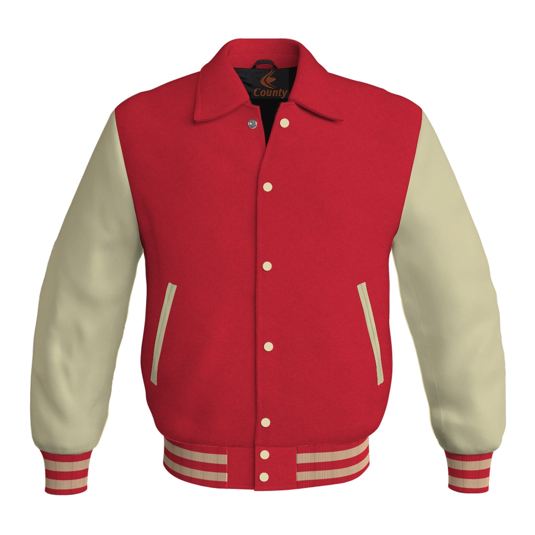 Letterman Varsity Classic Jacket Red Body and Cream Leather Sleeves