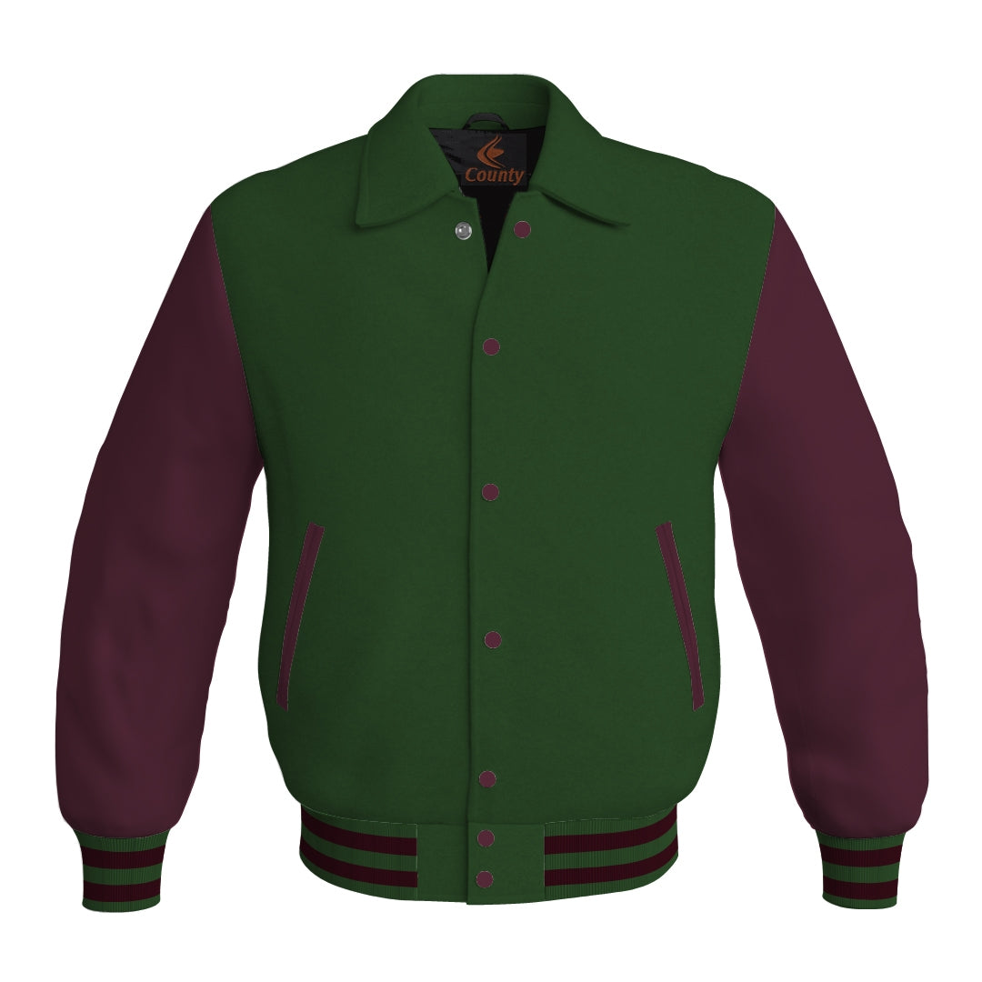 Letterman Varsity Classic Jacket Forest Green Body and Maroon Leather Sleeves