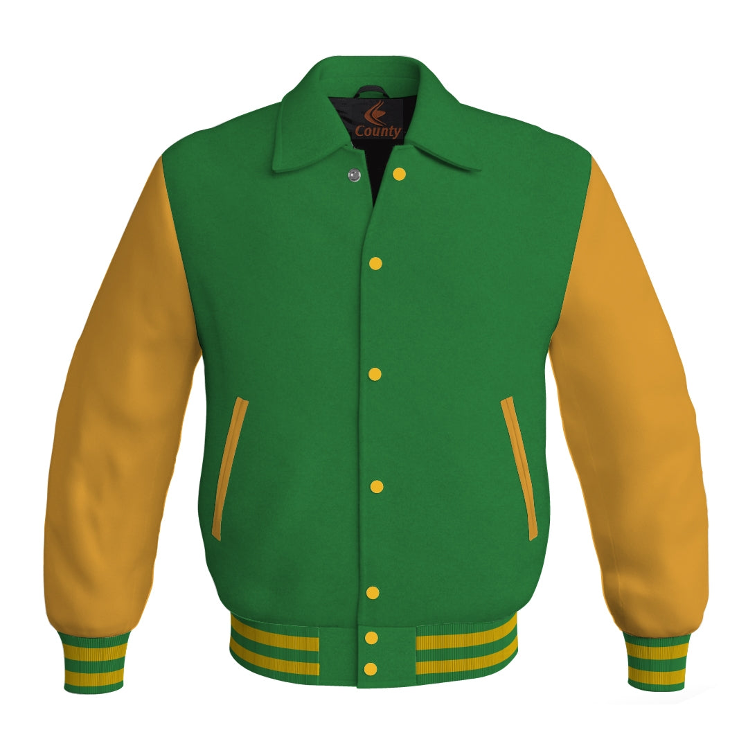 Letterman Varsity Classic Jacket Green Body and Gold Leather Sleeves